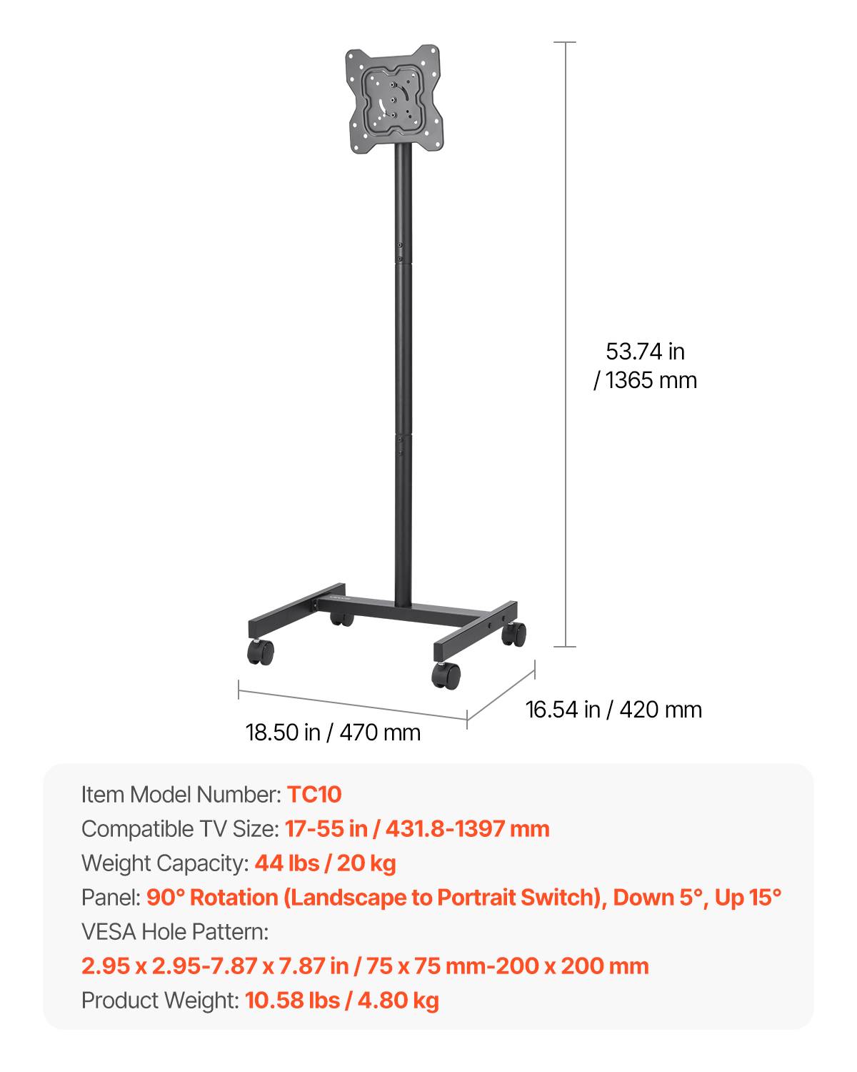 VEVOR Support TV à roulettes chariot TV mobile pour écrans de 431,8 à 1397 mm - Image 7