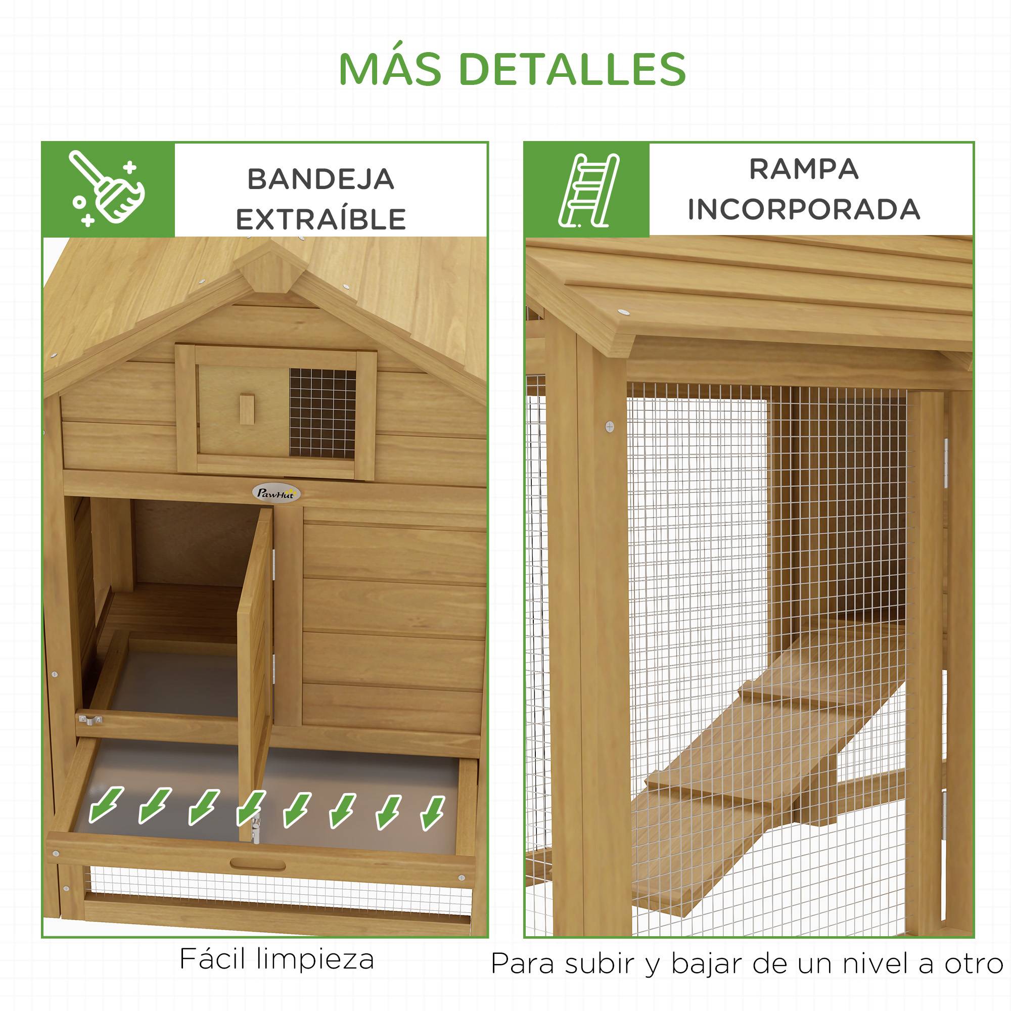 Poulailler d’Extérieur en Bois pour 2 à 3 Poules avec Double Enclos Grillagé, Nichoir, Toit Ouvrant et Rampe, 150,5 x 54 x 87 cm, Naturel - Image 9