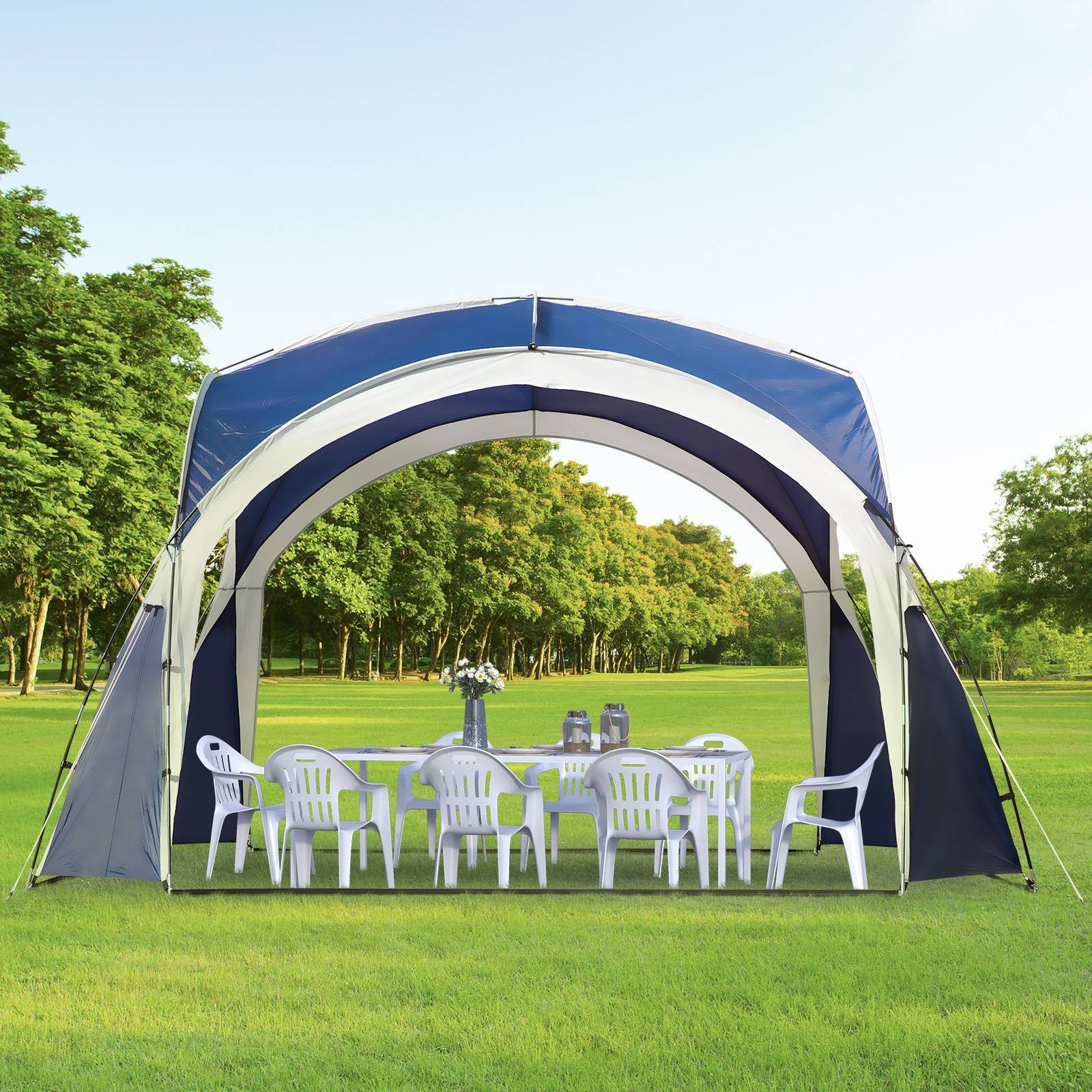 Auvent de camping pliable 3,5 x 3,5 m avec crochet, sac de transport, imperméable et protection UV pour terrasse ou plage, bleu - Image 3