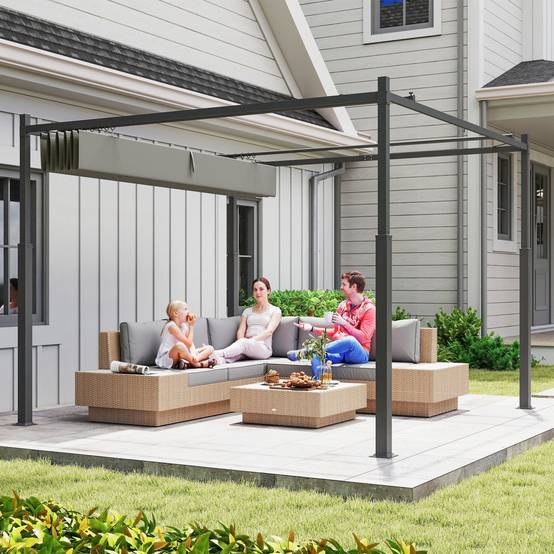 Pergola de Jardin Acier 3x3m avec Toit Rétractable Anti-UV Coulissant Gris - ComfortXL Outdoor Living - Image 10