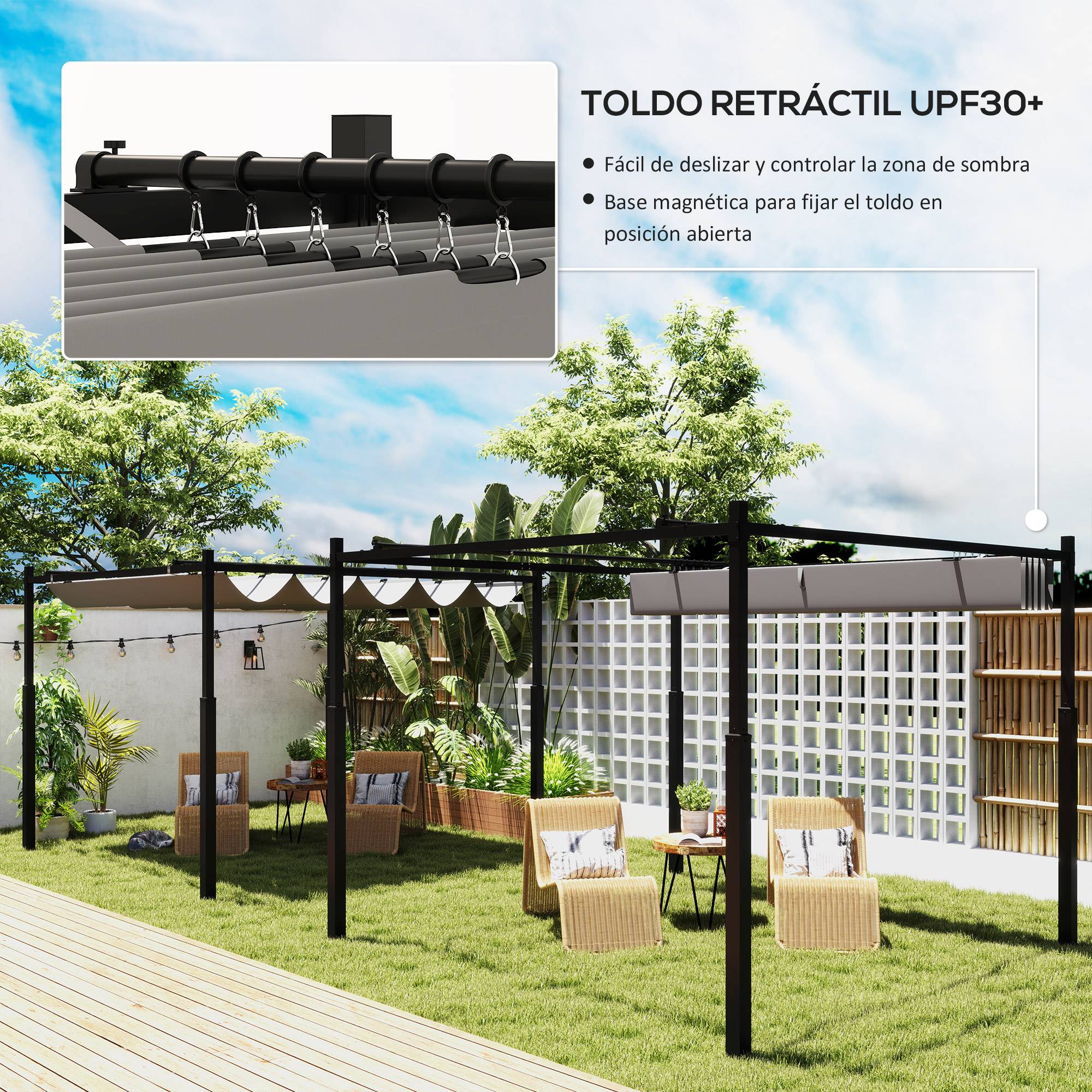 Pergola de Jardin Acier 3x3m avec Toit Rétractable Anti-UV Coulissant Gris - ComfortXL Outdoor Living - Image 6
