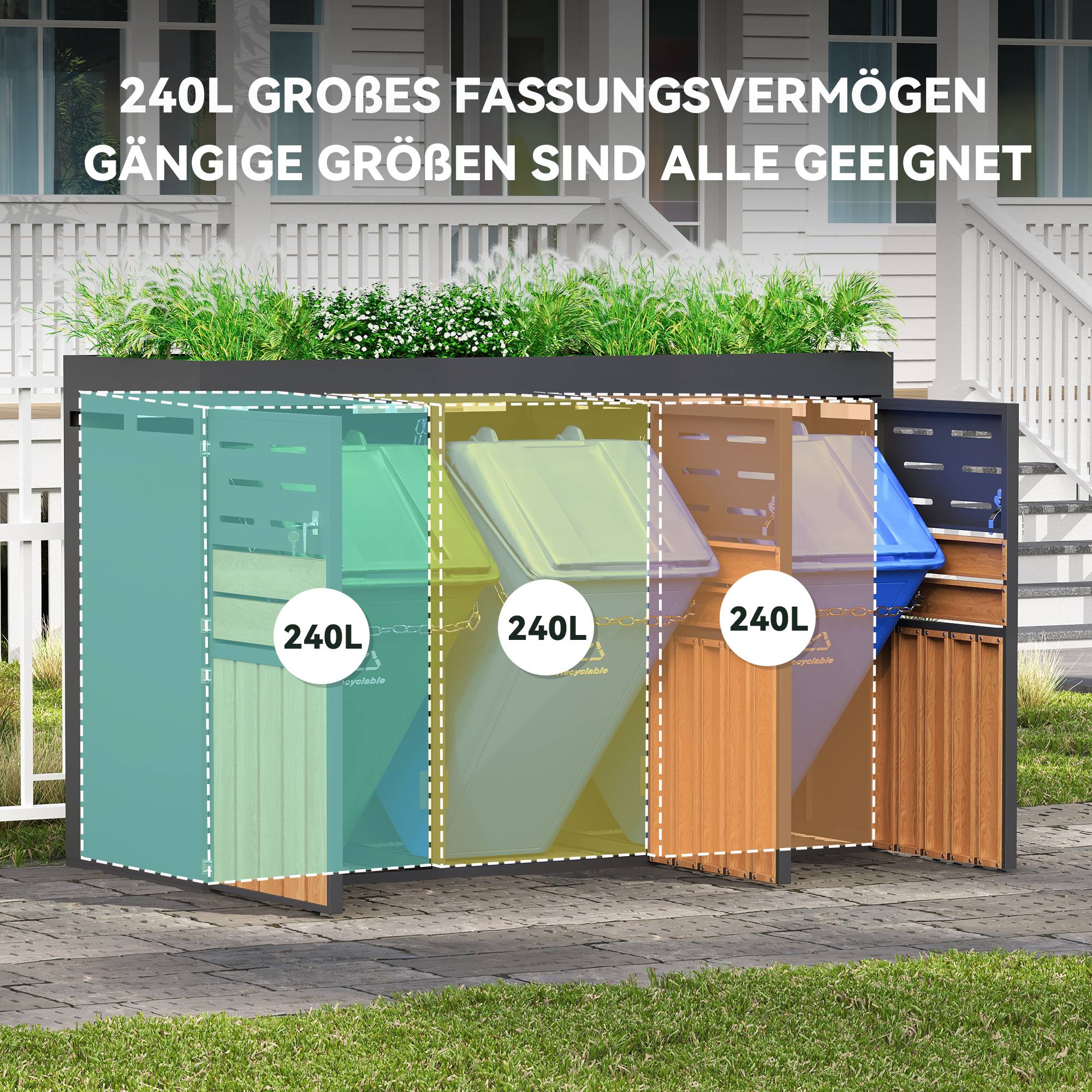 Cache-poubelle 3 compartiments acier galvanisé avec bac à fleurs 199x80x128cm gris - ComfortXL Outdoor Living - Image 8