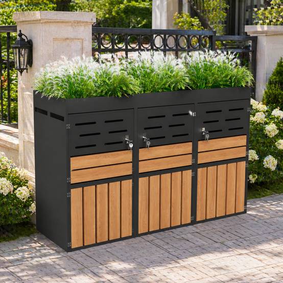 Cache-poubelle 3 compartiments acier galvanisé avec bac à fleurs 199x80x128cm gris - ComfortXL Outdoor Living - Image 1