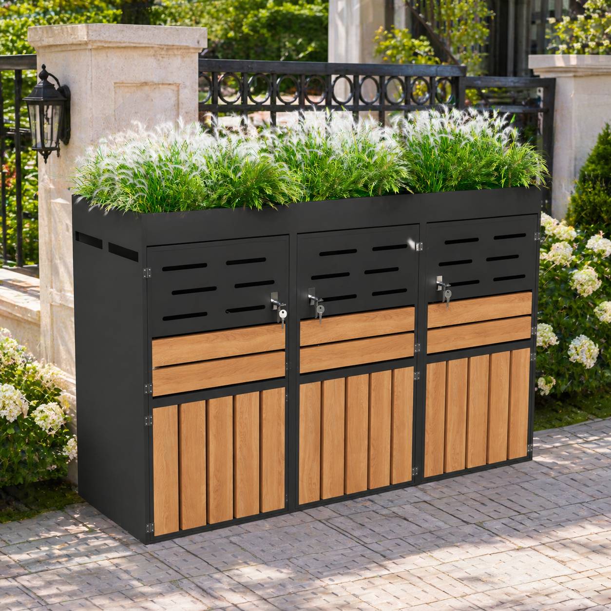 Cache-poubelle 3 compartiments acier galvanisé avec bac à fleurs 199x80x128cm gris - ComfortXL Outdoor Living - Image 1