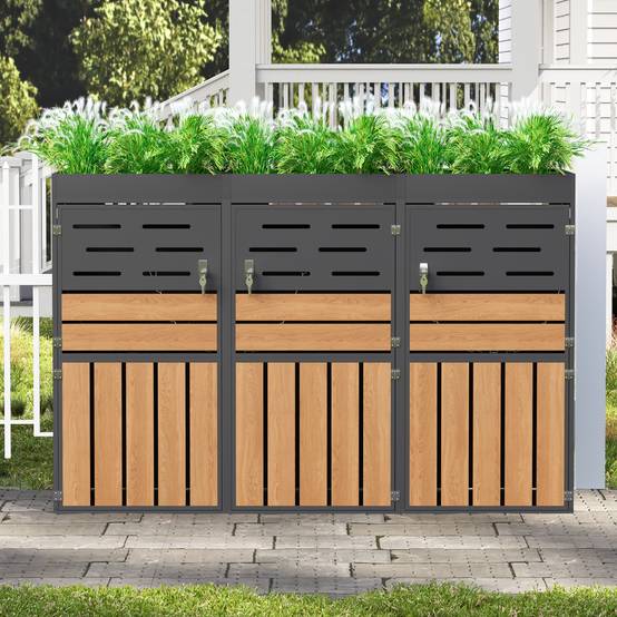 Cache-poubelle 3 compartiments acier galvanisé avec bac à fleurs 199x80x128cm gris - ComfortXL Outdoor Living - Image 9