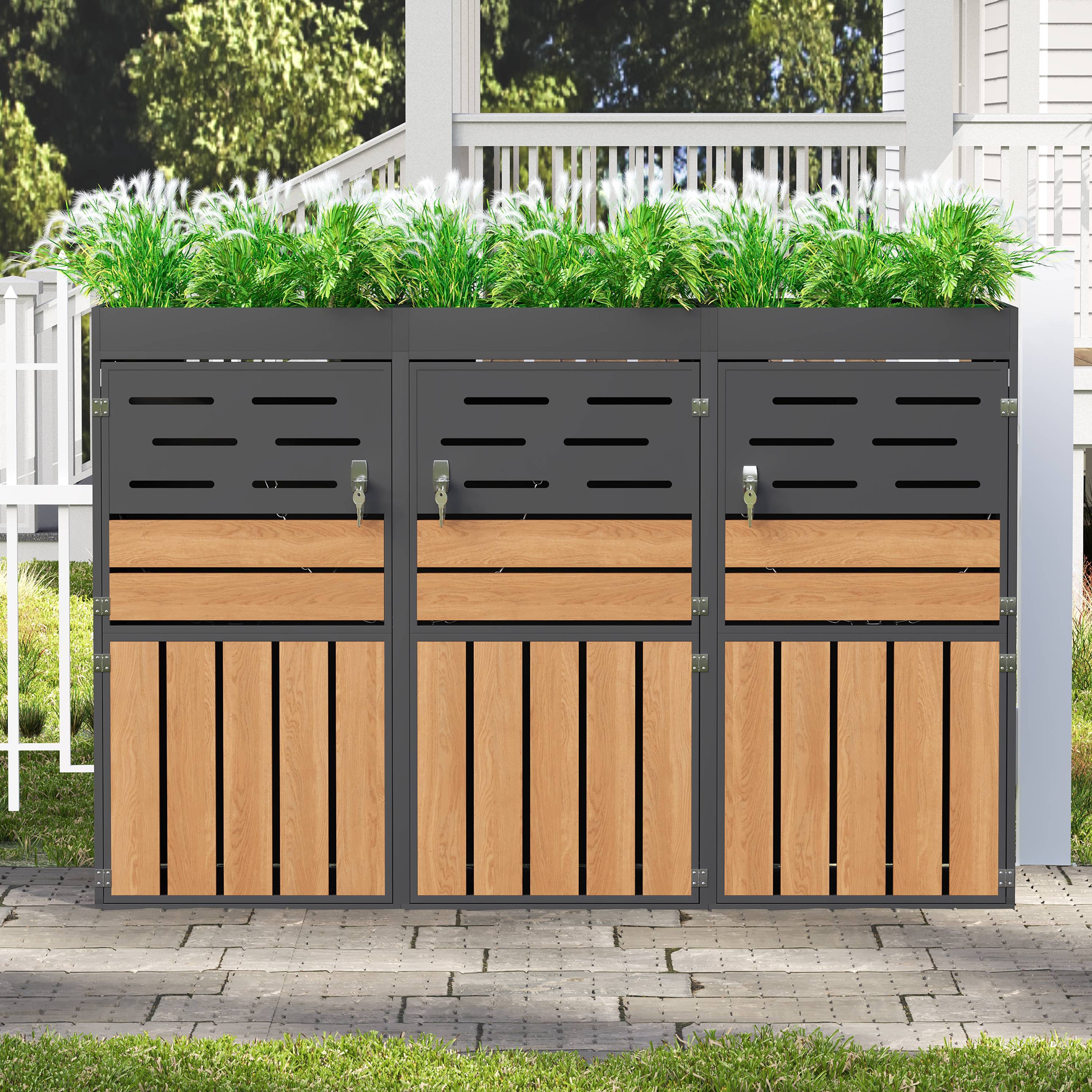 Cache-poubelle 3 compartiments acier galvanisé avec bac à fleurs 199x80x128cm gris - ComfortXL Outdoor Living - Image 9