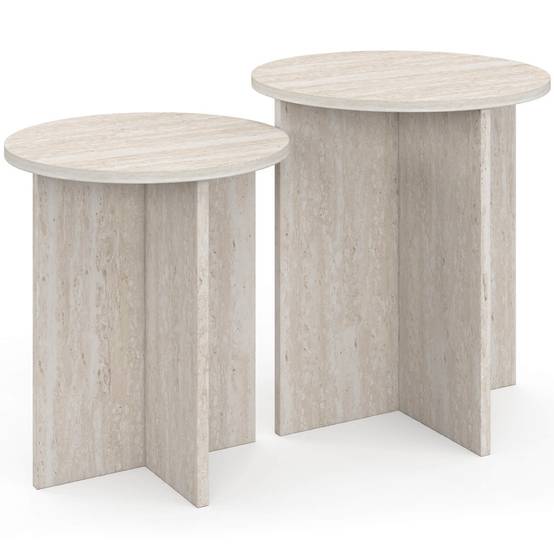 IDMARKET - Lot de 2 tables d'appoint rondes, table basse, bouts de canapé, tables de chevet MARTHE 35/40 cm bois effet travertin - Image 3
