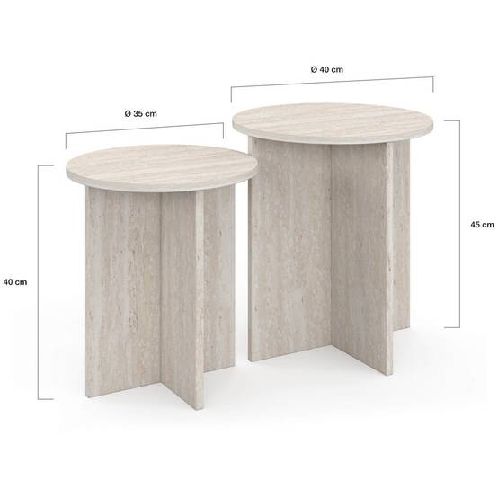 IDMARKET - Lot de 2 tables d'appoint rondes, table basse, bouts de canapé, tables de chevet MARTHE 35/40 cm bois effet travertin - Image 5