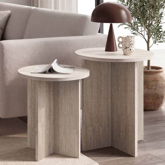 IDMARKET - Lot de 2 tables d'appoint rondes, table basse, bouts de canapé, tables de chevet MARTHE 35/40 cm bois effet travertin - Image 1