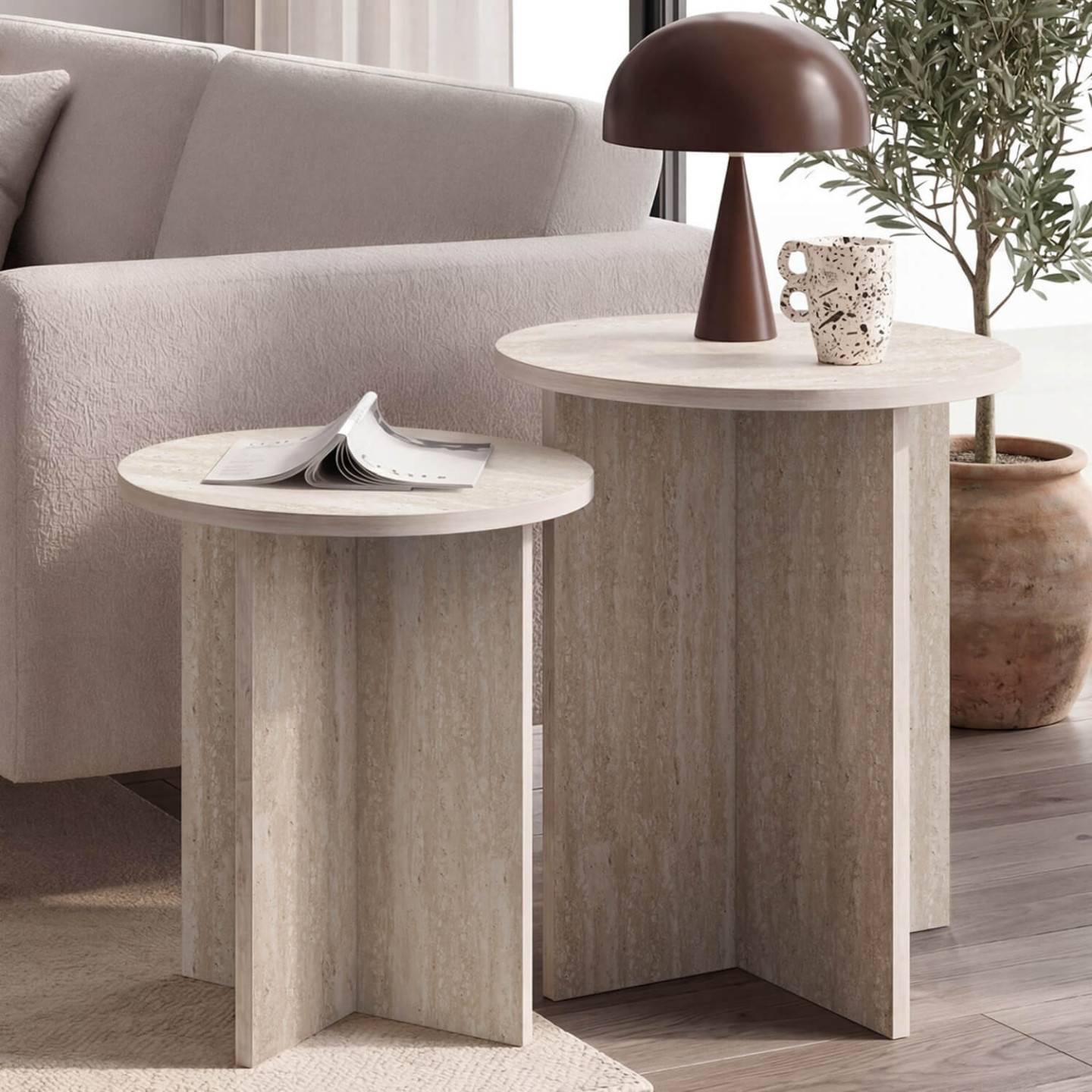 IDMARKET - Lot de 2 tables d'appoint rondes, table basse, bouts de canapé, tables de chevet MARTHE 35/40 cm bois effet travertin - Image 1