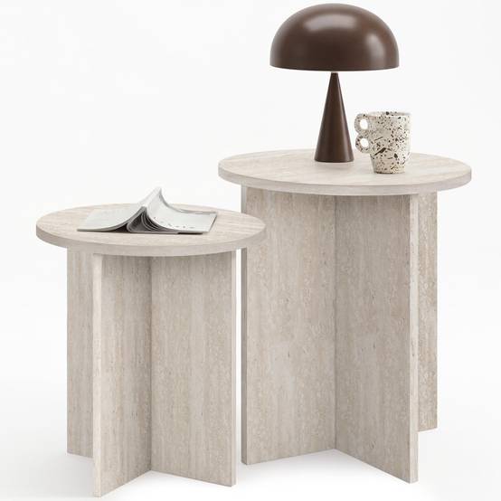 IDMARKET - Lot de 2 tables d'appoint rondes, table basse, bouts de canapé, tables de chevet MARTHE 35/40 cm bois effet travertin - Image 2