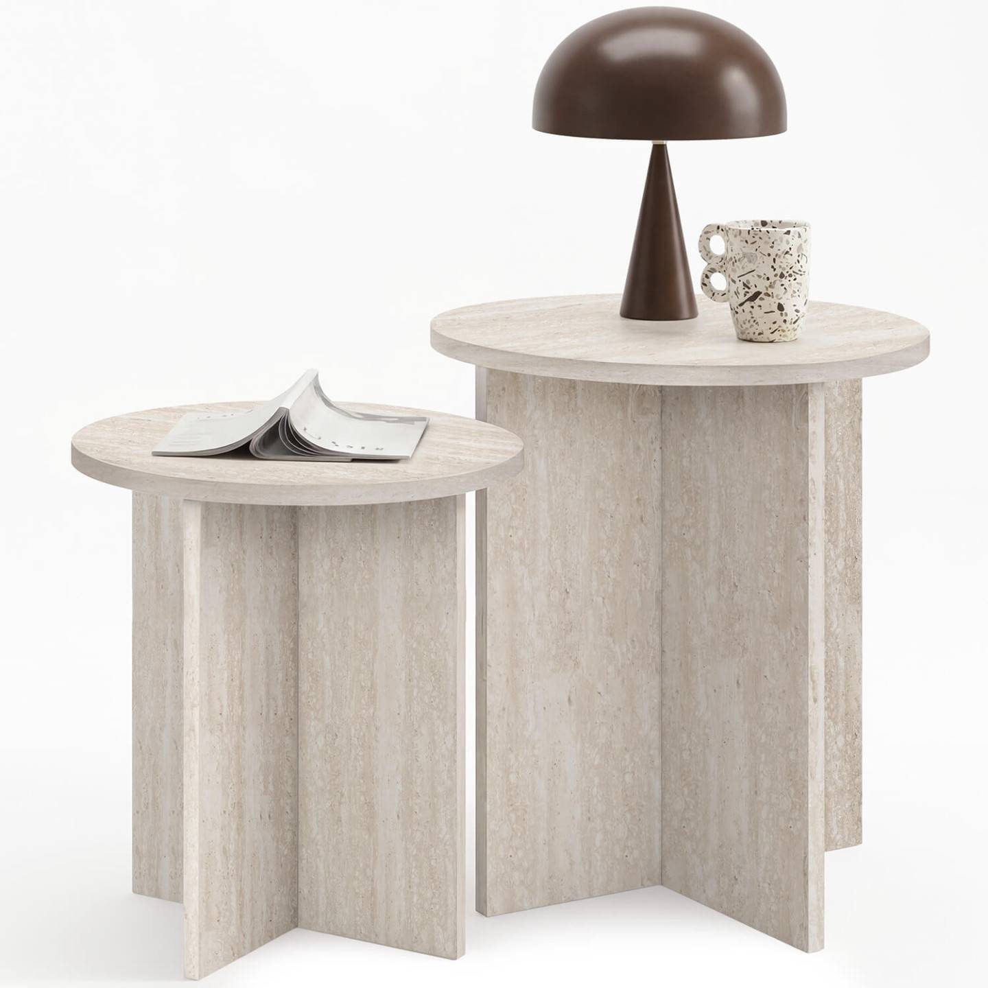 IDMARKET - Lot de 2 tables d'appoint rondes, table basse, bouts de canapé, tables de chevet MARTHE 35/40 cm bois effet travertin - Image 2
