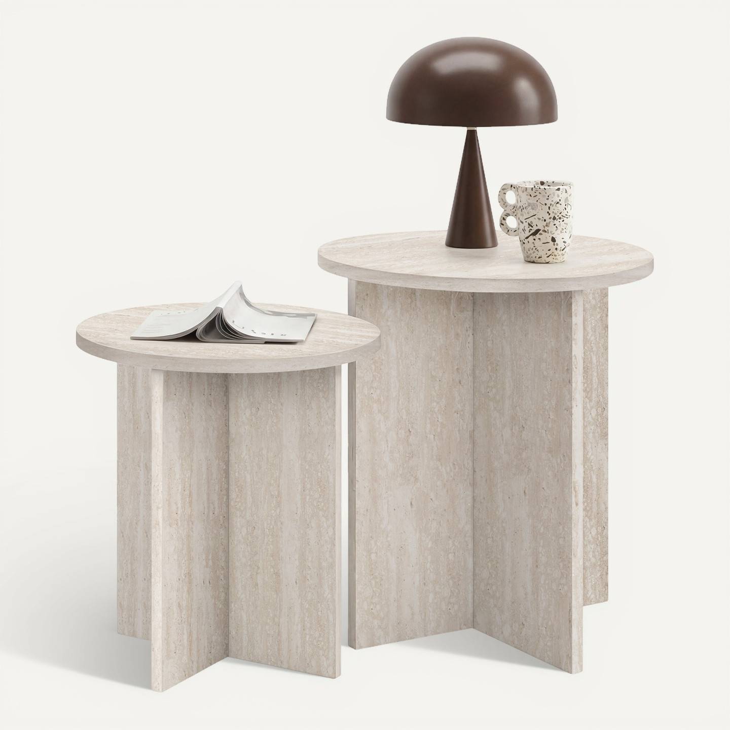 IDMARKET - Lot de 2 tables d'appoint rondes, table basse, bouts de canapé, tables de chevet MARTHE 35/40 cm bois effet travertin - Image 7