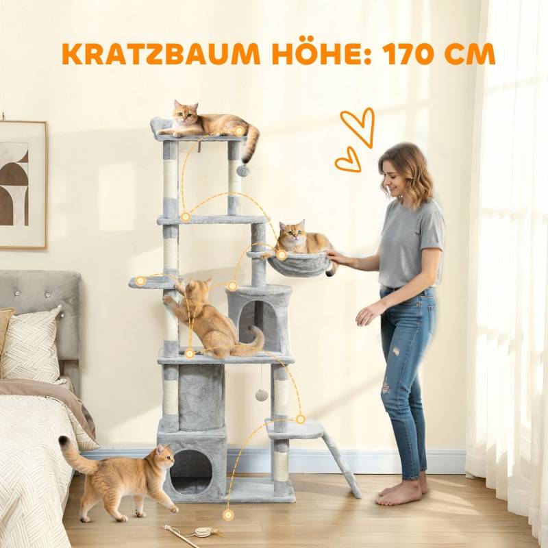 Arbre à Chat Géant 170cm Sisal Tunnel Niches Hamac et Jeux Gris Clair - ComfortXL Outdoor Living - Image 4