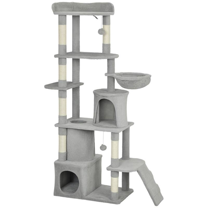 Arbre à Chat Géant 170cm Sisal Tunnel Niches Hamac et Jeux Gris Clair - ComfortXL Outdoor Living - Image 2