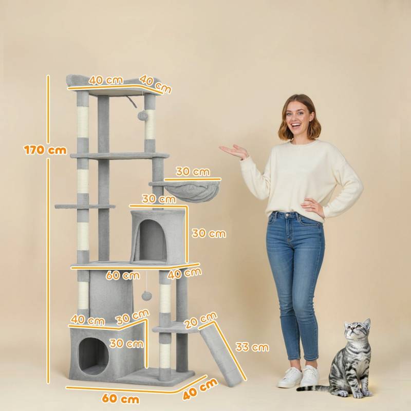 Arbre à Chat Géant 170cm Sisal Tunnel Niches Hamac et Jeux Gris Clair - ComfortXL Outdoor Living - Image 3