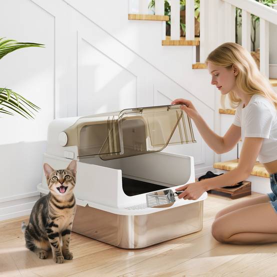Maison de Toilette Chat XXL Acier Inox Anti-Odeur pour Grand Chat avec Pelle 70 cm Blanc - ComfortXL Outdoor Living - Image 3