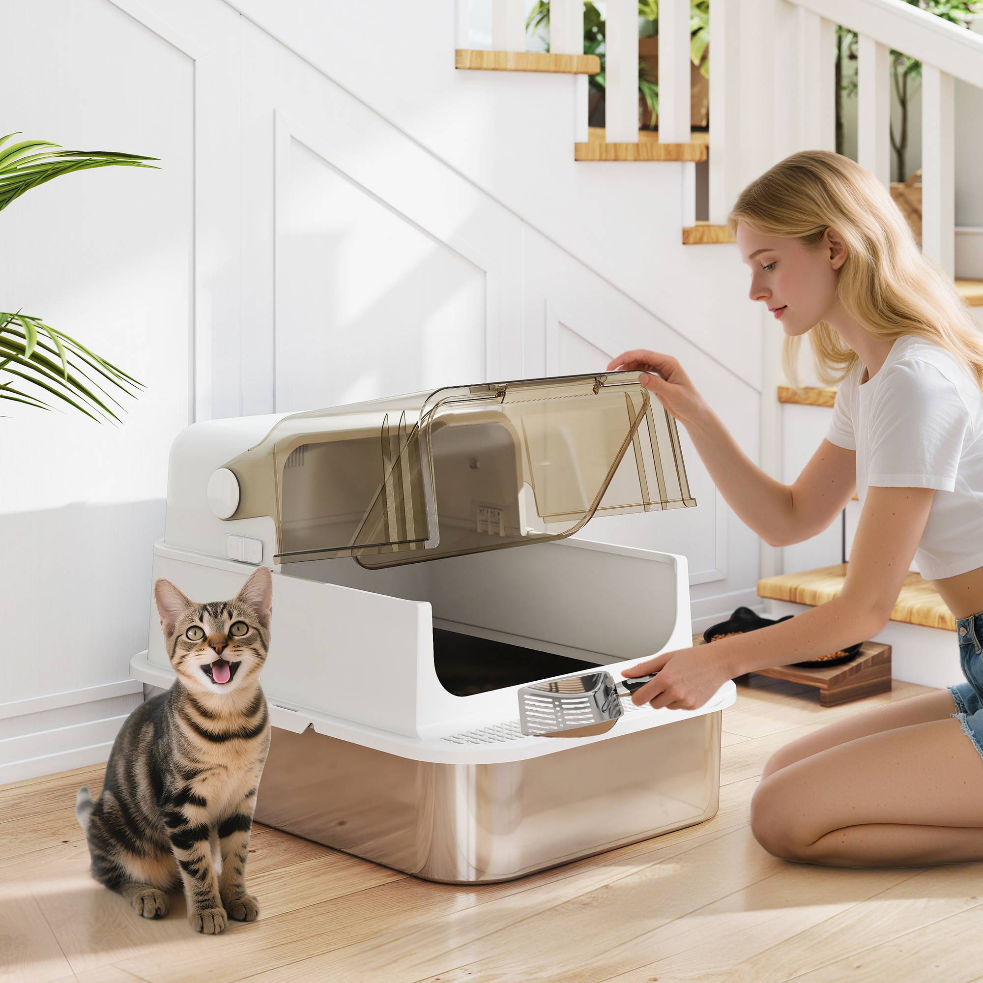 Maison de Toilette Chat XXL Acier Inox Anti-Odeur pour Grand Chat avec Pelle 70 cm Blanc - ComfortXL Outdoor Living - Image 3