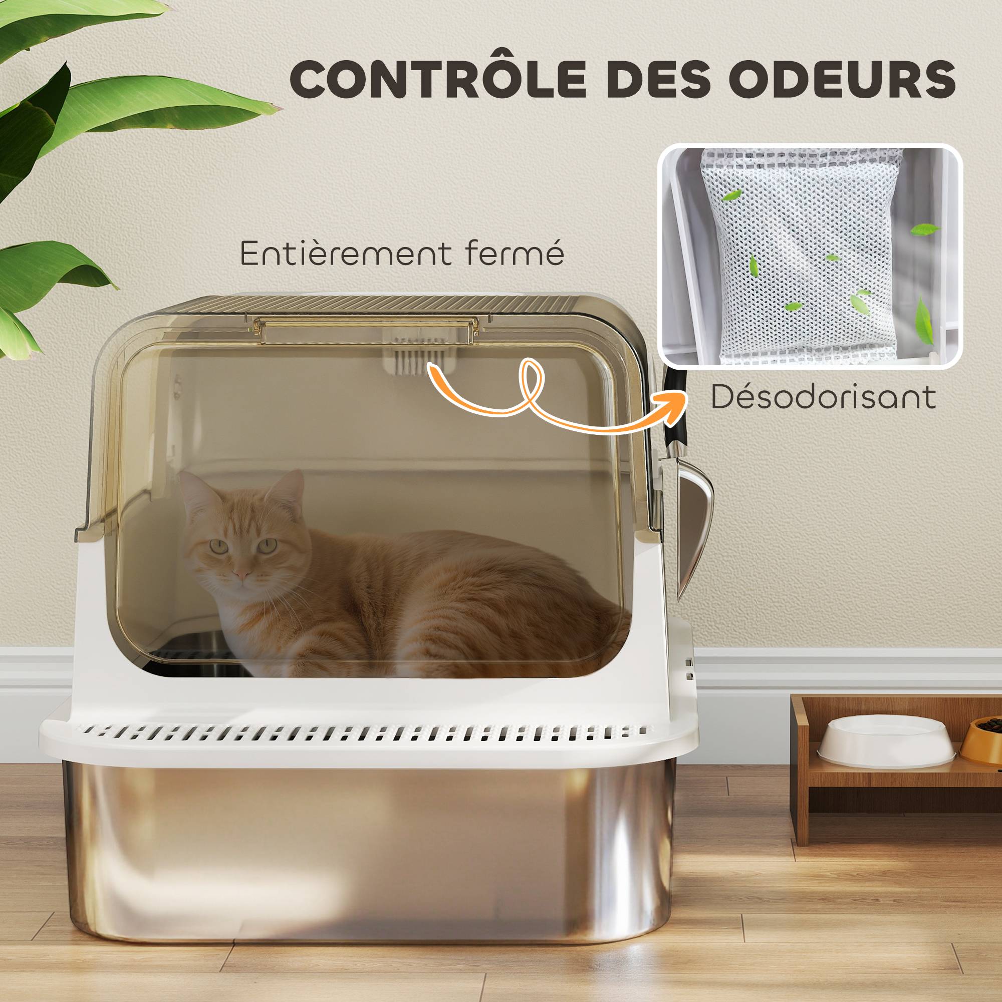 Maison de Toilette Chat XXL Acier Inox Anti-Odeur pour Grand Chat avec Pelle 70 cm Blanc - ComfortXL Outdoor Living - Image 8