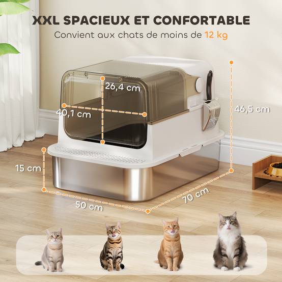 Maison de Toilette Chat XXL Acier Inox Anti-Odeur pour Grand Chat avec Pelle 70 cm Blanc - ComfortXL Outdoor Living - Image 5