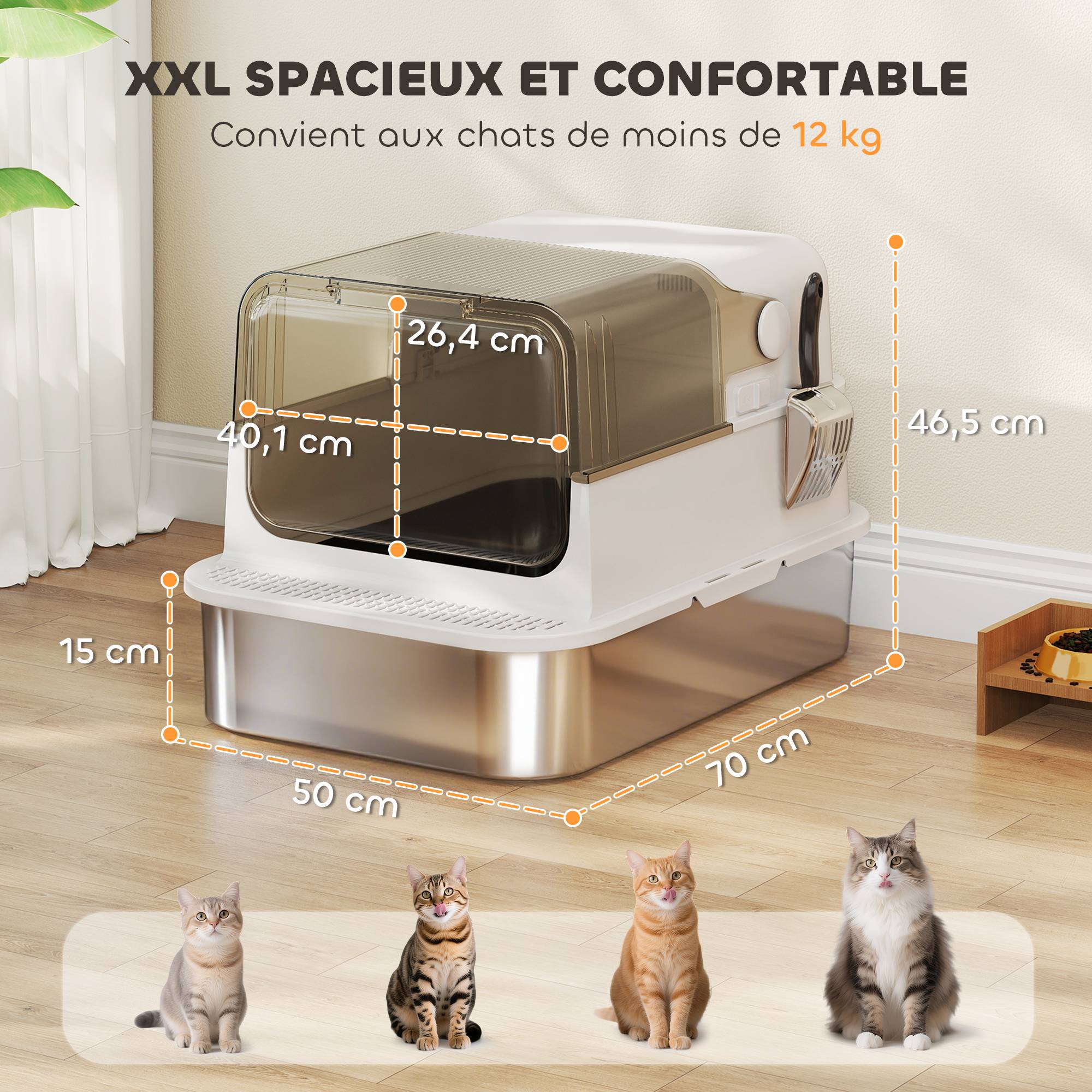 Maison de Toilette Chat XXL Acier Inox Anti-Odeur pour Grand Chat avec Pelle 70 cm Blanc - ComfortXL Outdoor Living - Image 5