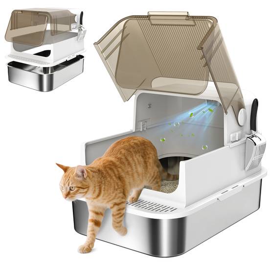 Maison de Toilette Chat XXL Acier Inox Anti-Odeur pour Grand Chat avec Pelle 70 cm Blanc - ComfortXL Outdoor Living - Image 1