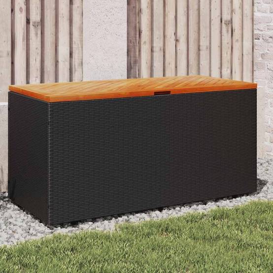 Banc Coffre de Jardin Résine Tressée Couvercle Bois d'Acacia Étanche Noir 110x50x54 cm – ComfortXL Outdoor Living - Image 1