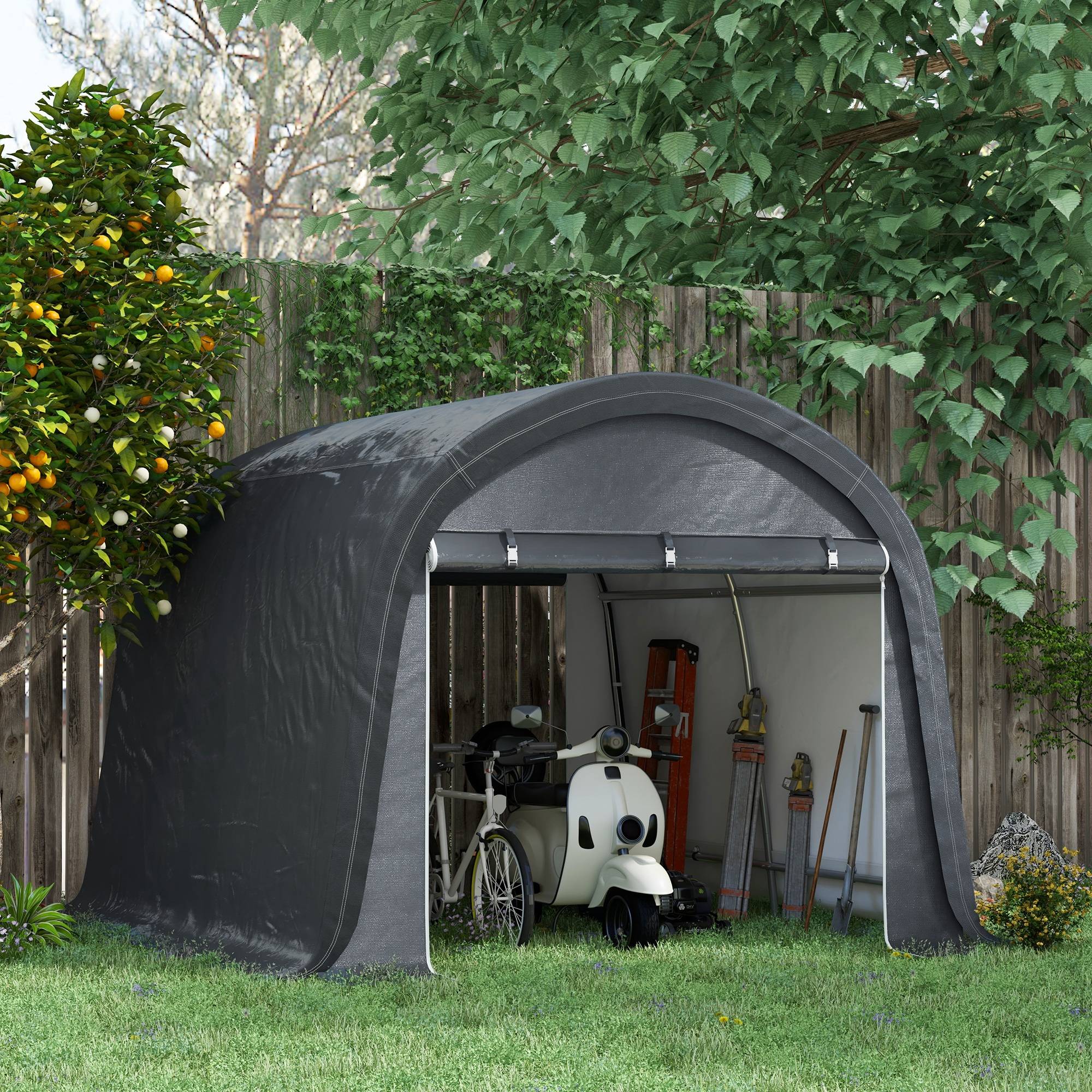 Cabanon jardin aluminium 3x3m gris hydrofuge anti-UV, cadre acier PE avec deux portes roulantes - Image 2