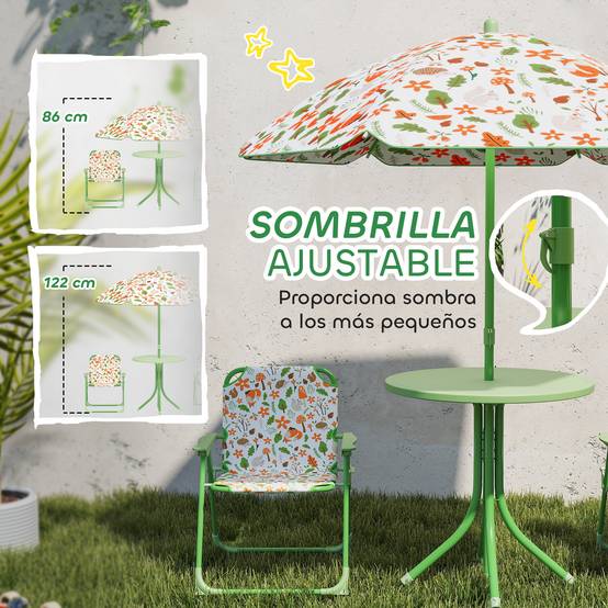 Ensemble de jardin pliable pour enfants avec 2 chaises, une table et un parasol réglable pour les enfants de 2 à 5 ans, vert - Image 7