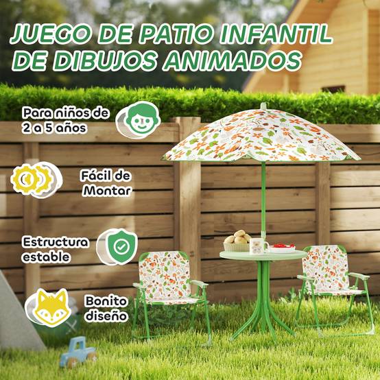 Ensemble de jardin pliable pour enfants avec 2 chaises, une table et un parasol réglable pour les enfants de 2 à 5 ans, vert - Image 9