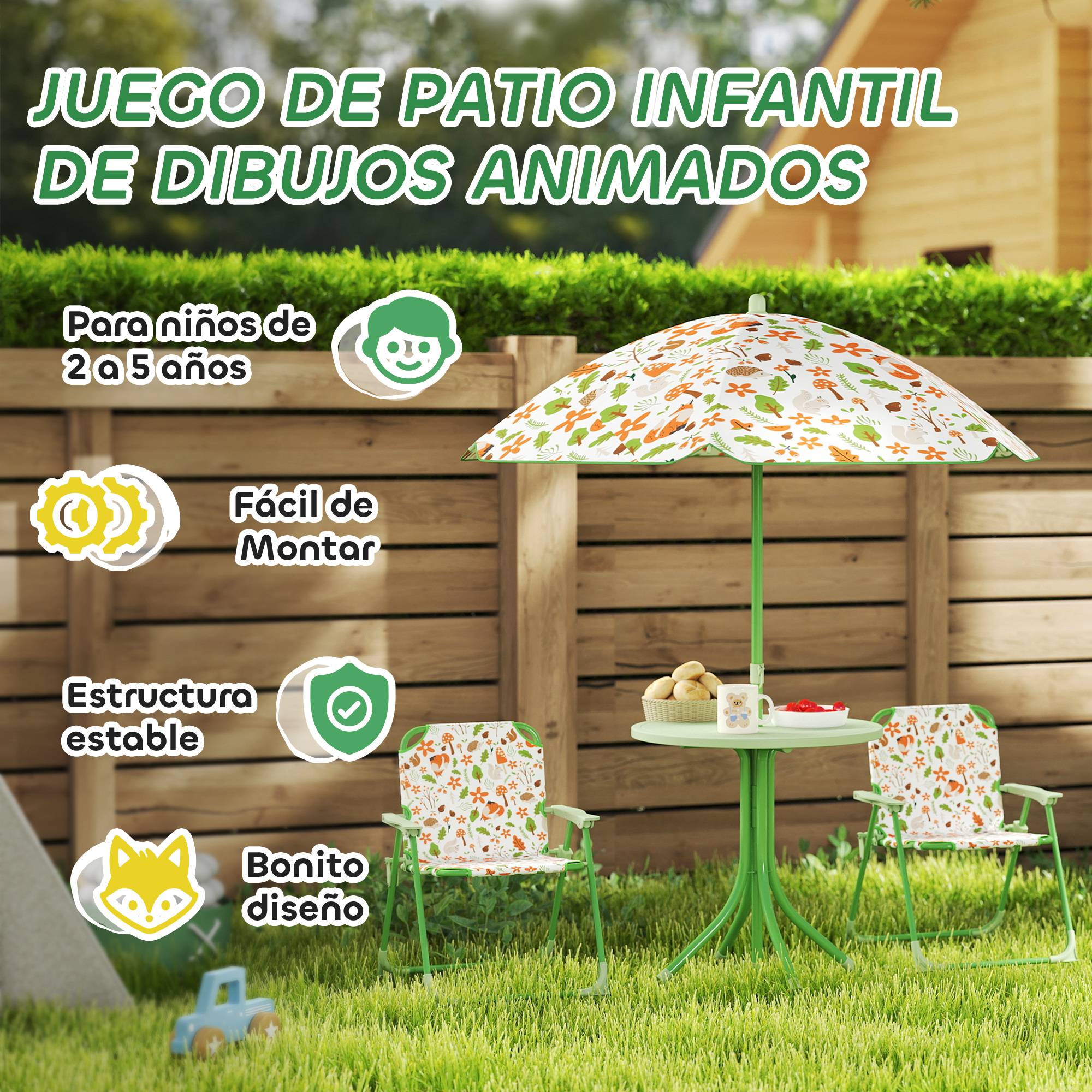 Ensemble de jardin pliable pour enfants avec 2 chaises, une table et un parasol réglable pour les enfants de 2 à 5 ans, vert - Image 9