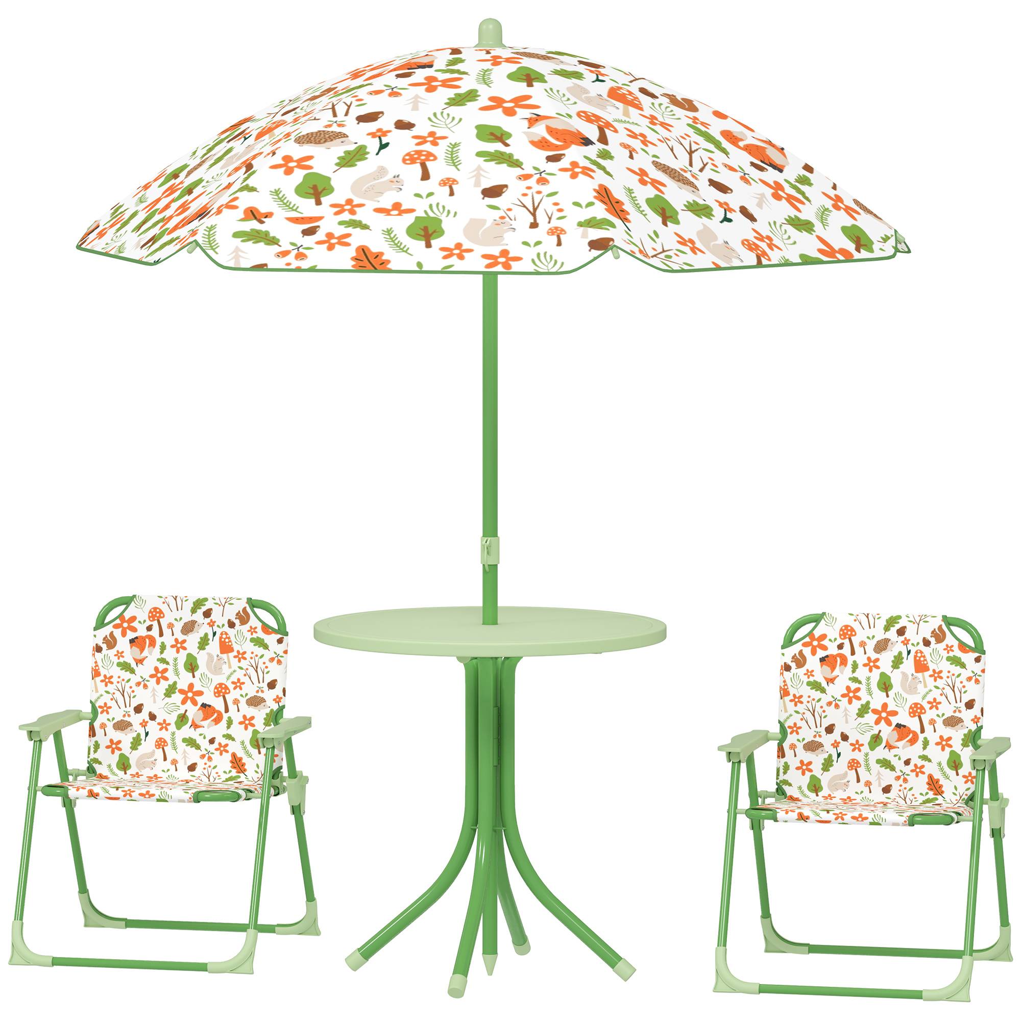 Ensemble de jardin pliable pour enfants avec 2 chaises, une table et un parasol réglable pour les enfants de 2 à 5 ans, vert - Image 2