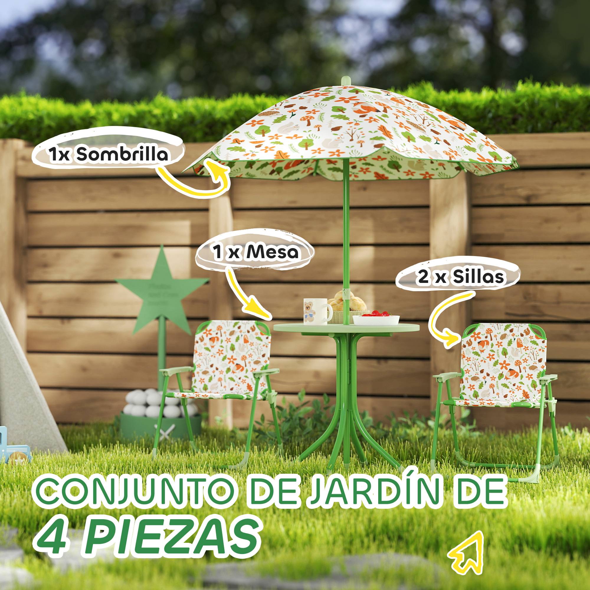 Ensemble de jardin pliable pour enfants avec 2 chaises, une table et un parasol réglable pour les enfants de 2 à 5 ans, vert - Image 6