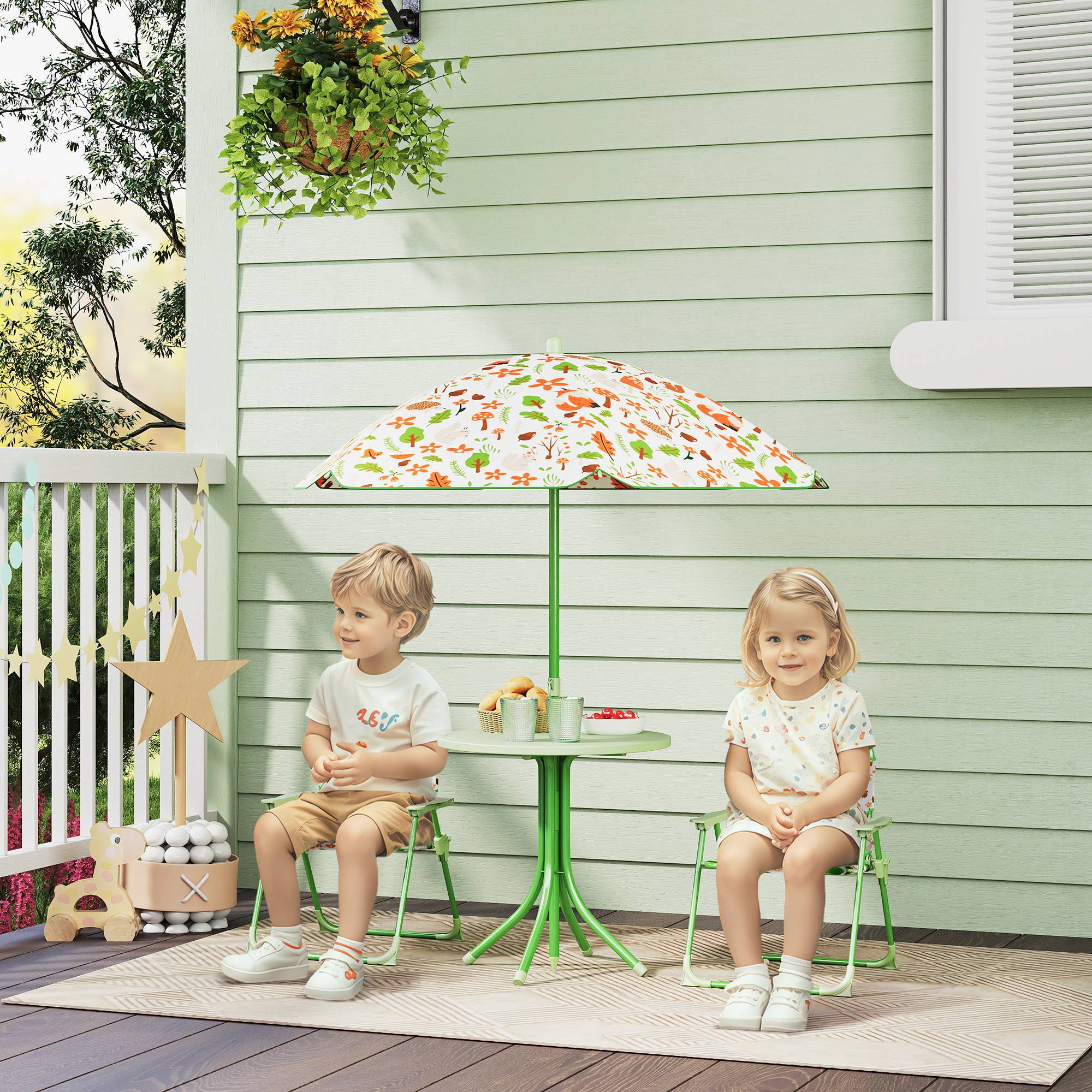 Ensemble de jardin pliable pour enfants avec 2 chaises, une table et un parasol réglable pour les enfants de 2 à 5 ans, vert - Image 3