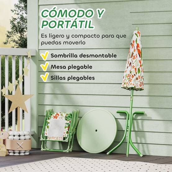 Ensemble de jardin pliable pour enfants avec 2 chaises, une table et un parasol réglable pour les enfants de 2 à 5 ans, vert - Image 8