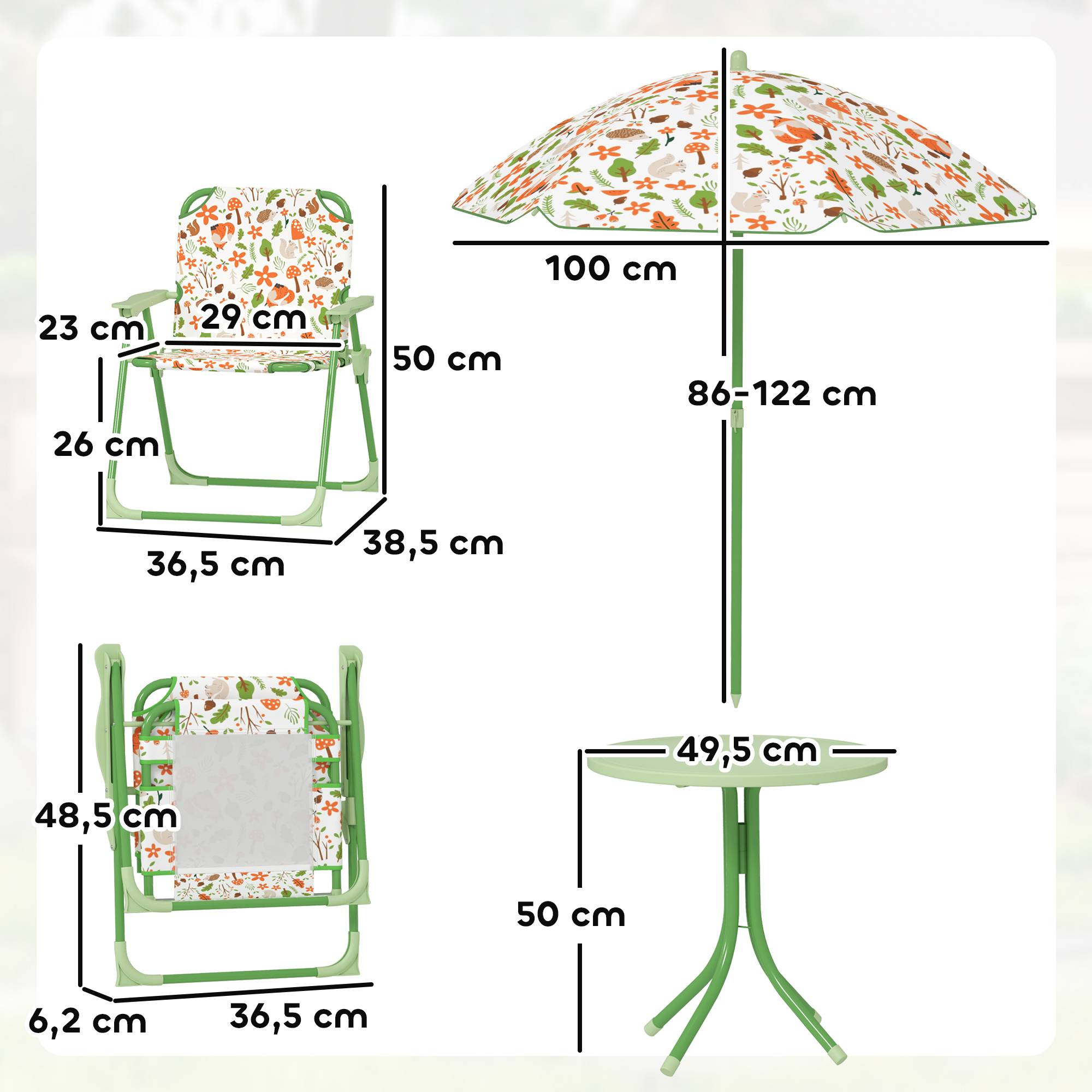 Ensemble de jardin pliable pour enfants avec 2 chaises, une table et un parasol réglable pour les enfants de 2 à 5 ans, vert - Image 5