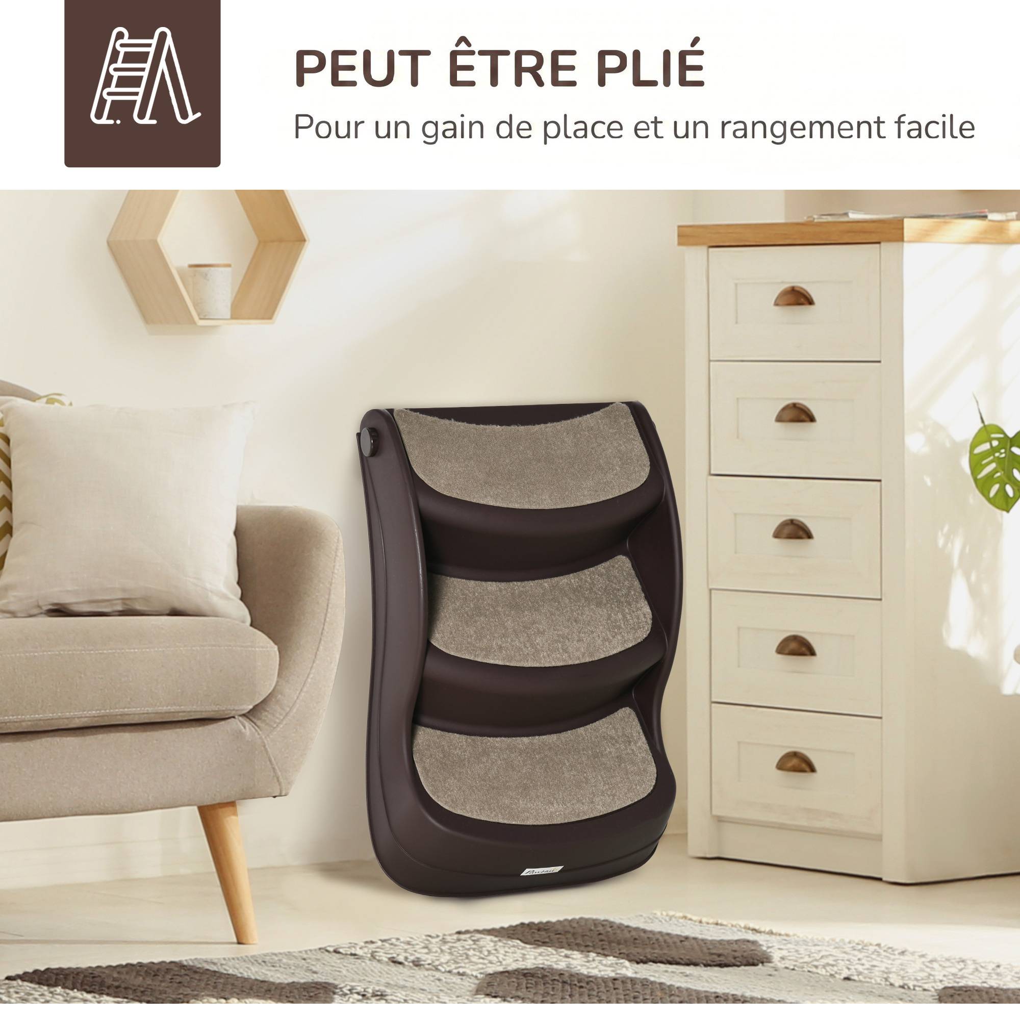ComfortXL - Escalier pour chien et chat pliable en polypropylène marron 3 marches 49 x 38 x 38 cm pour lit et canapé antidérapant - Image 7