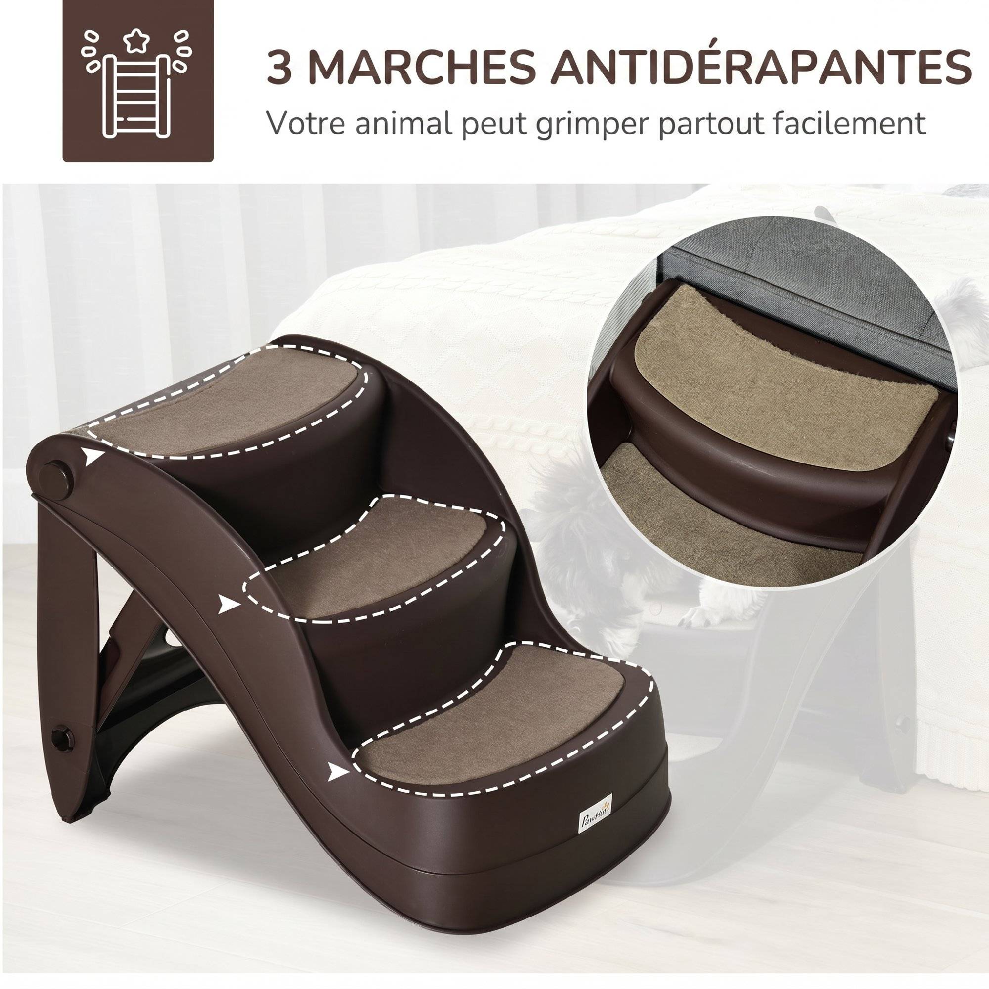 ComfortXL - Escalier pour chien et chat pliable en polypropylène marron 3 marches 49 x 38 x 38 cm pour lit et canapé antidérapant - Image 4