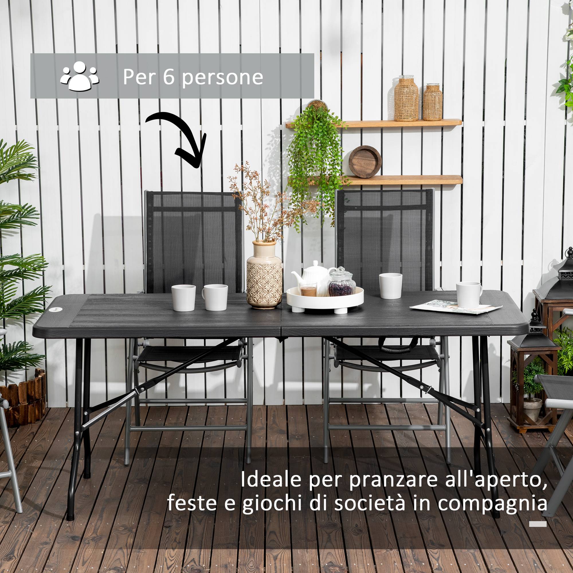 Table de jardin pliante Acier HDPE Pique-nique Camping Effet bois 180cm Gris foncé - ComfortXL Outdoor Living - Image 6