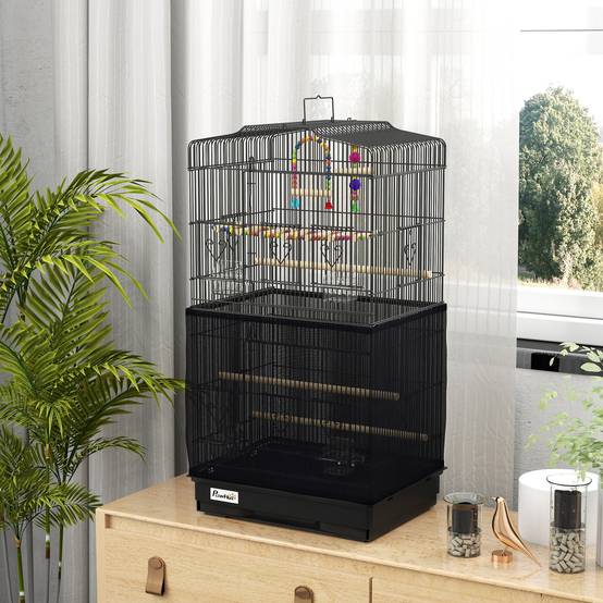 Cage pour oiseaux avec poignée, bac amovible, perchoirs en bois, balançoire et mangeoires, 46,5x35,5x92 cm, noir - Image 10