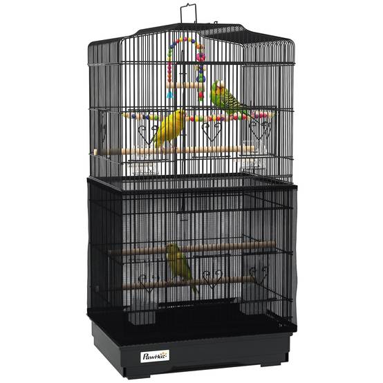 Cage pour oiseaux avec poignée, bac amovible, perchoirs en bois, balançoire et mangeoires, 46,5x35,5x92 cm, noir - Image 1