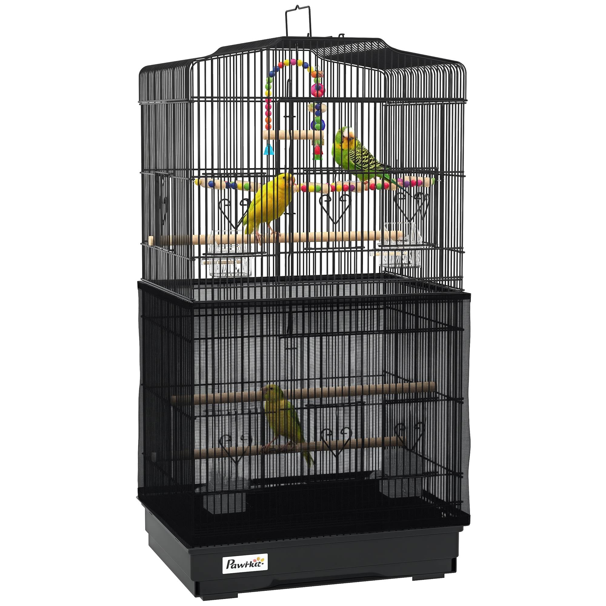 Cage pour oiseaux avec poignée, bac amovible, perchoirs en bois, balançoire et mangeoires, 46,5x35,5x92 cm, noir - Image 1