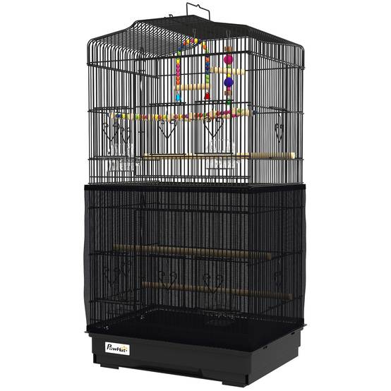 Cage pour oiseaux avec poignée, bac amovible, perchoirs en bois, balançoire et mangeoires, 46,5x35,5x92 cm, noir - Image 2