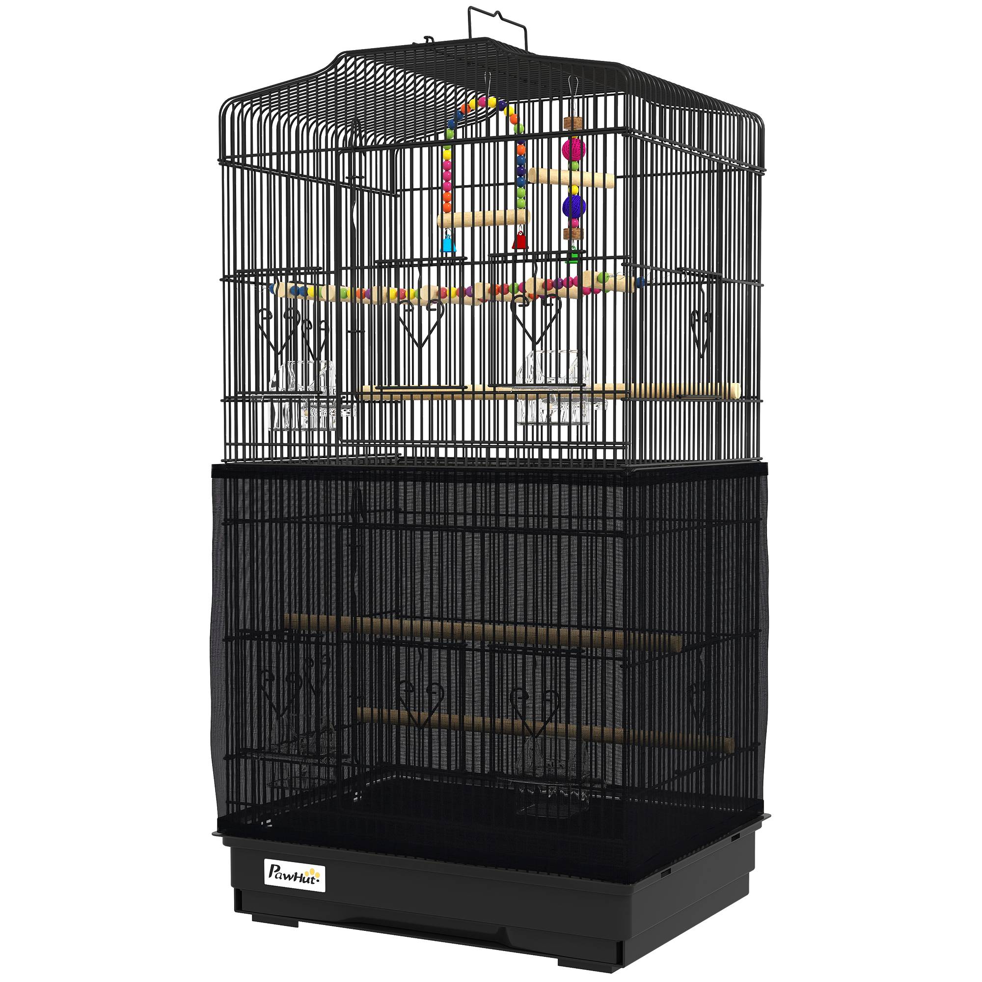 Cage pour oiseaux avec poignée, bac amovible, perchoirs en bois, balançoire et mangeoires, 46,5x35,5x92 cm, noir - Image 2