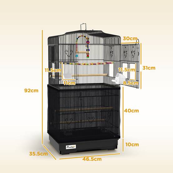 Cage pour oiseaux avec poignée, bac amovible, perchoirs en bois, balançoire et mangeoires, 46,5x35,5x92 cm, noir - Image 5