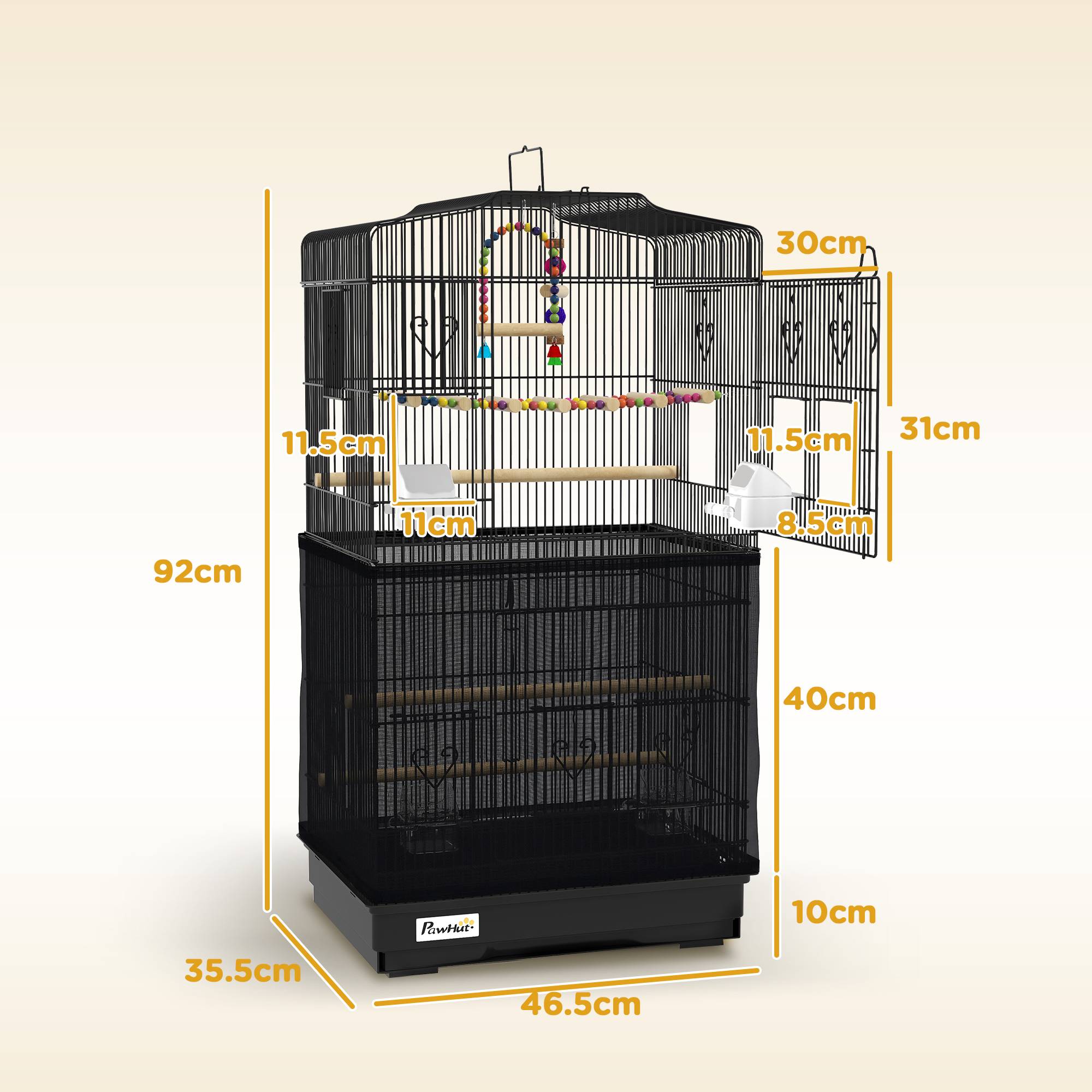 Cage pour oiseaux avec poignée, bac amovible, perchoirs en bois, balançoire et mangeoires, 46,5x35,5x92 cm, noir - Image 5