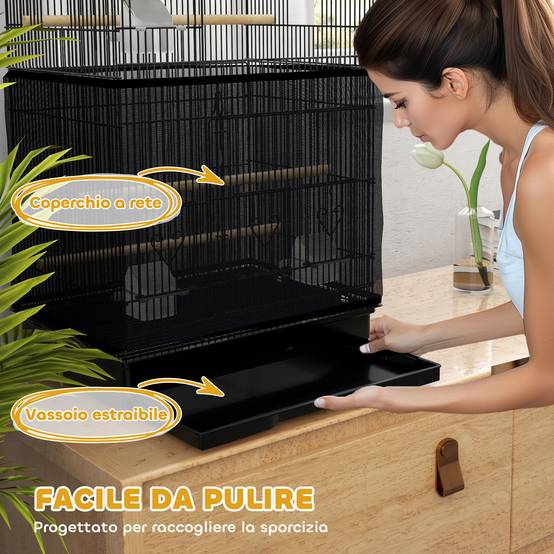 Cage pour oiseaux avec poignée, bac amovible, perchoirs en bois, balançoire et mangeoires, 46,5x35,5x92 cm, noir - Image 7