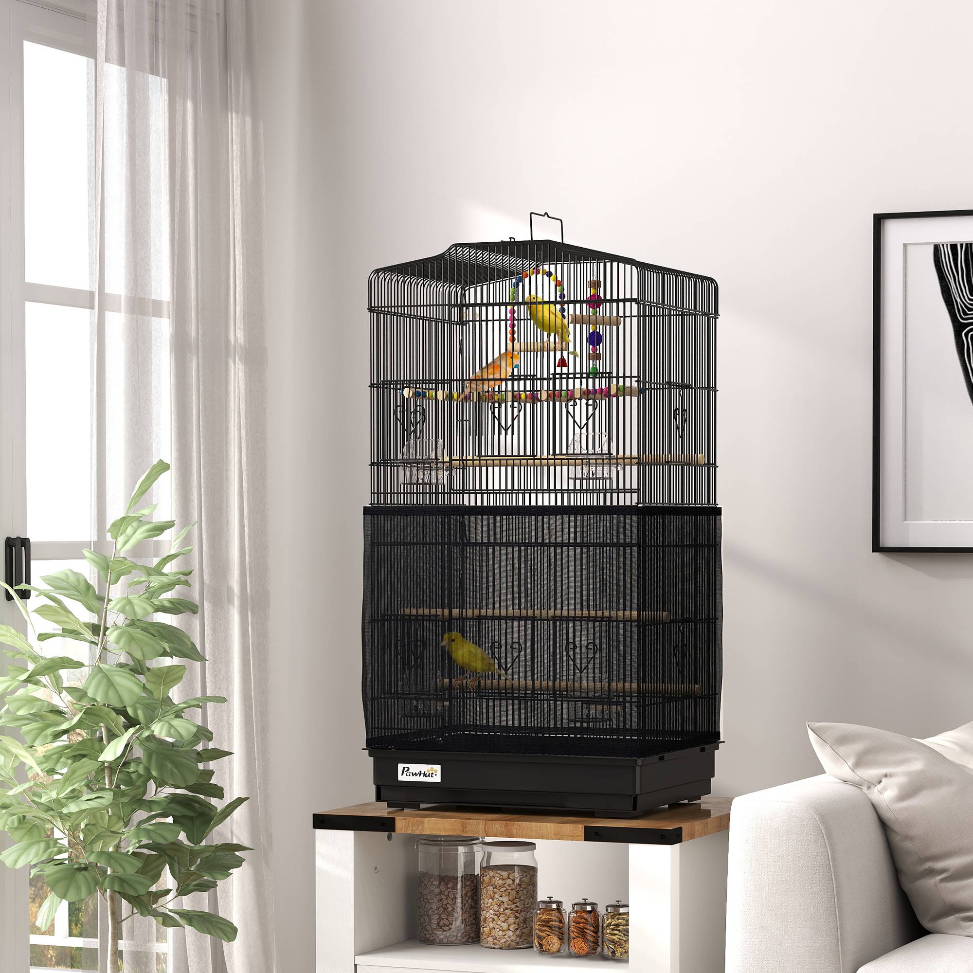 Cage pour oiseaux avec poignée, bac amovible, perchoirs en bois, balançoire et mangeoires, 46,5x35,5x92 cm, noir - Image 3