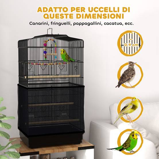 Cage pour oiseaux avec poignée, bac amovible, perchoirs en bois, balançoire et mangeoires, 46,5x35,5x92 cm, noir - Image 9