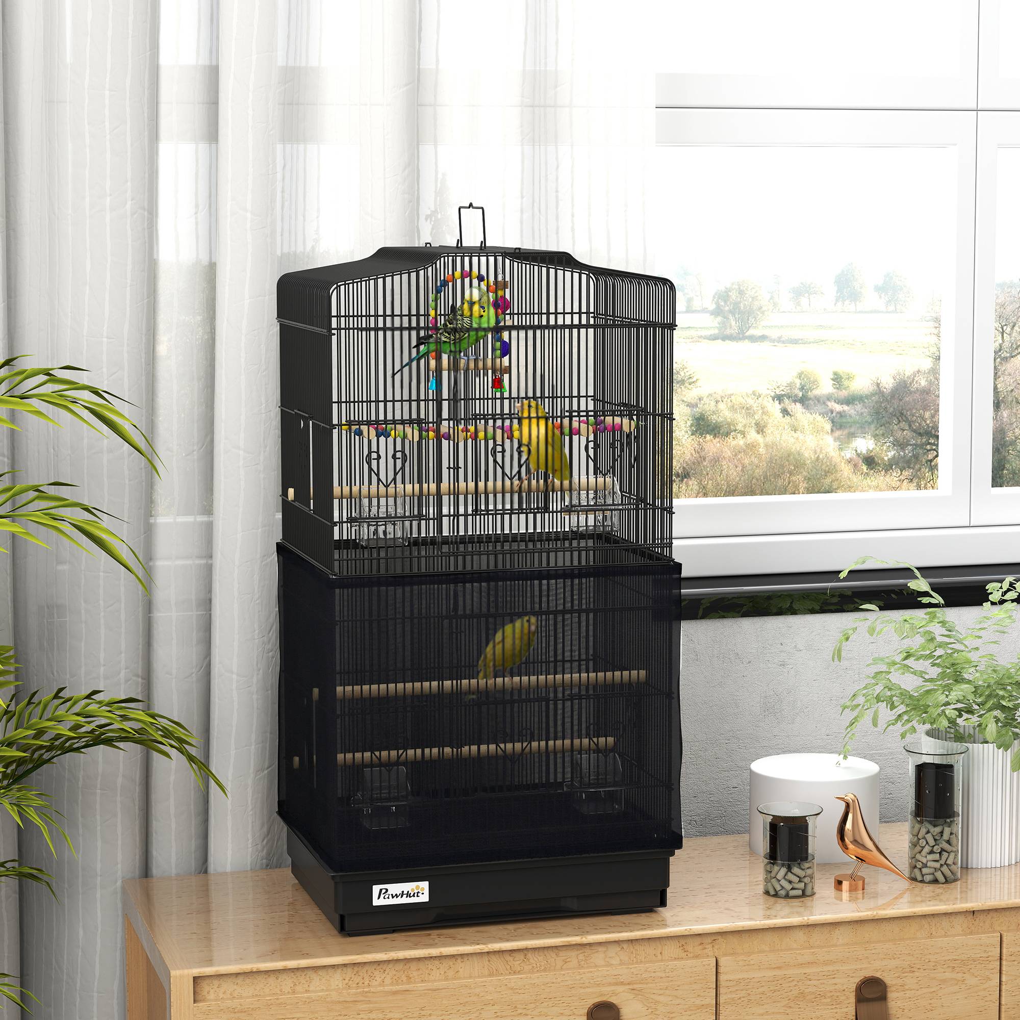 Cage pour oiseaux avec poignée, bac amovible, perchoirs en bois, balançoire et mangeoires, 46,5x35,5x92 cm, noir - Image 4